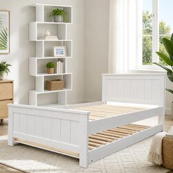 White King Single Bed Frame with Trundle & Display Shelf