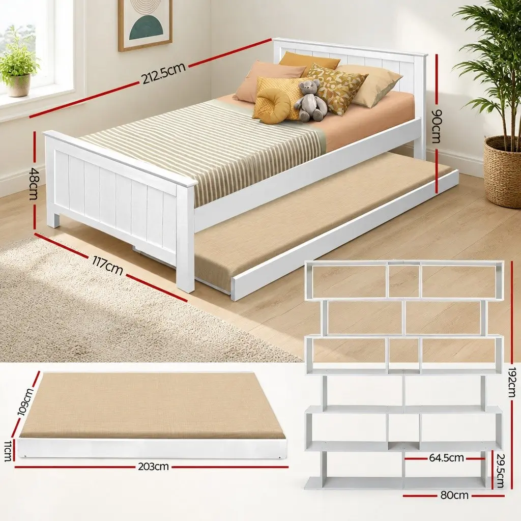 White King Single Bed Frame with Trundle & Display Shelf