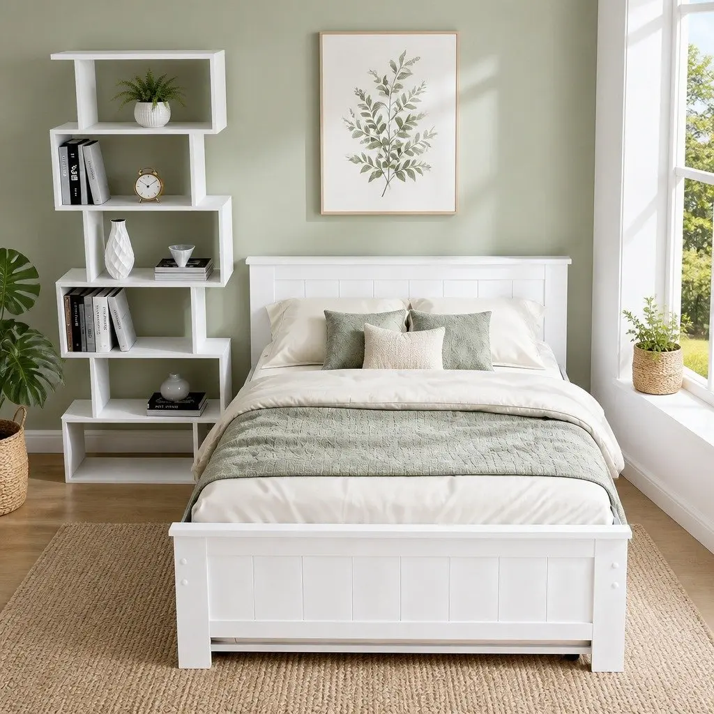White King Single Bed Frame with Trundle & Display Shelf