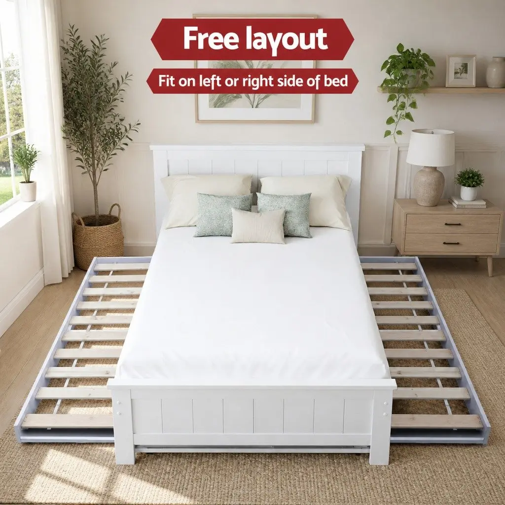 White King Single Bed Frame with Trundle & Display Shelf