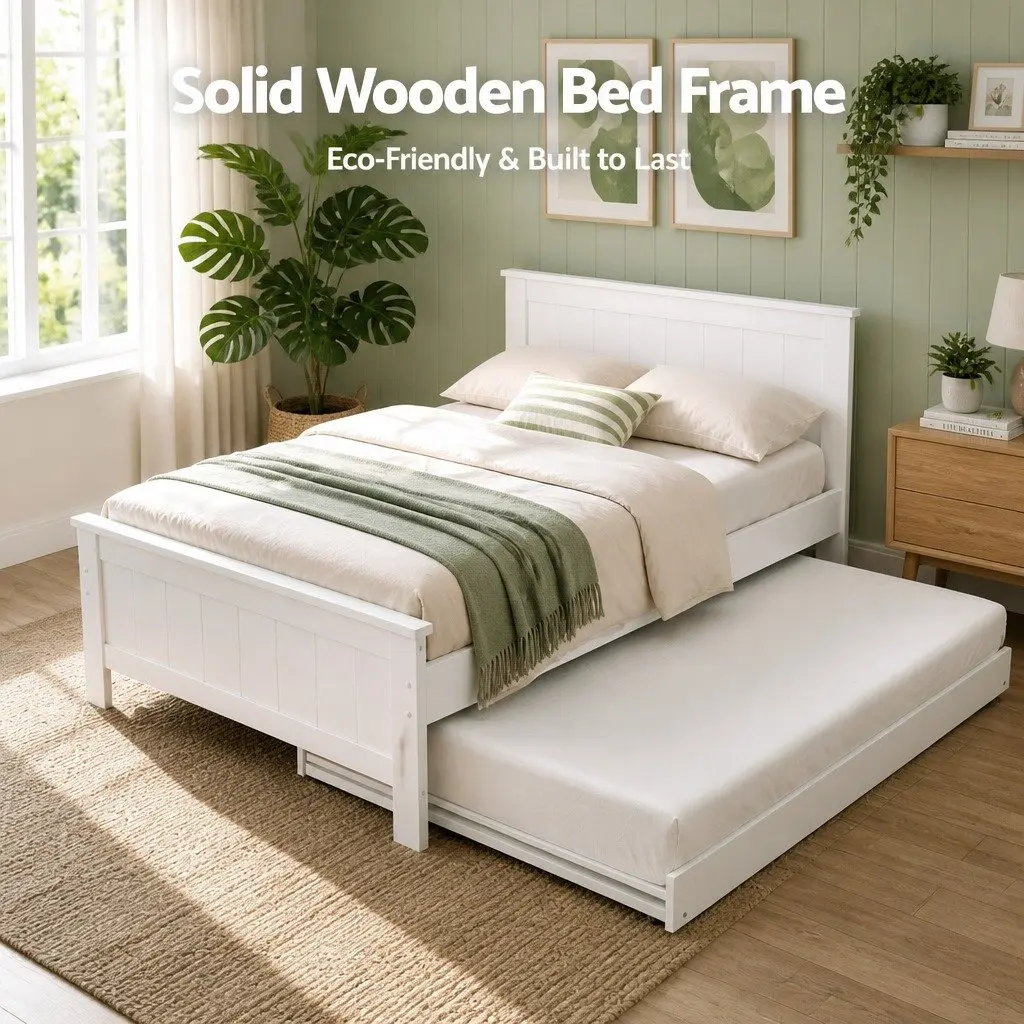 White King Single Bed Frame with Trundle & Display Shelf