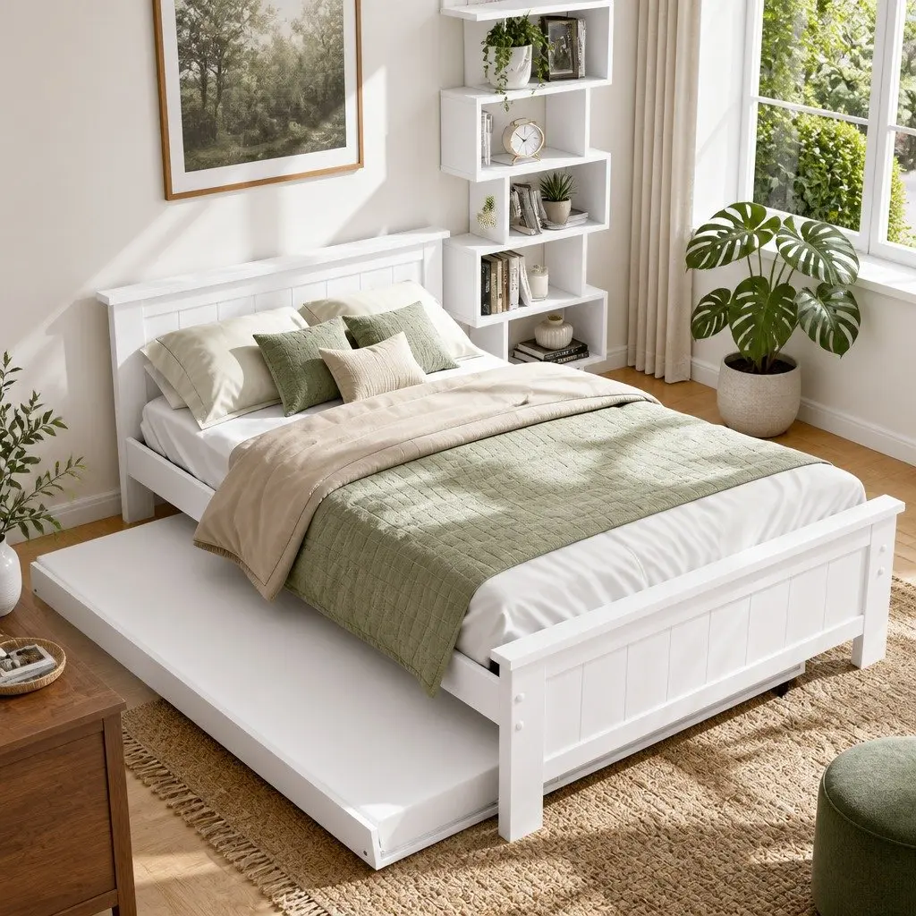 White King Single Bed Frame with Trundle & Display Shelf