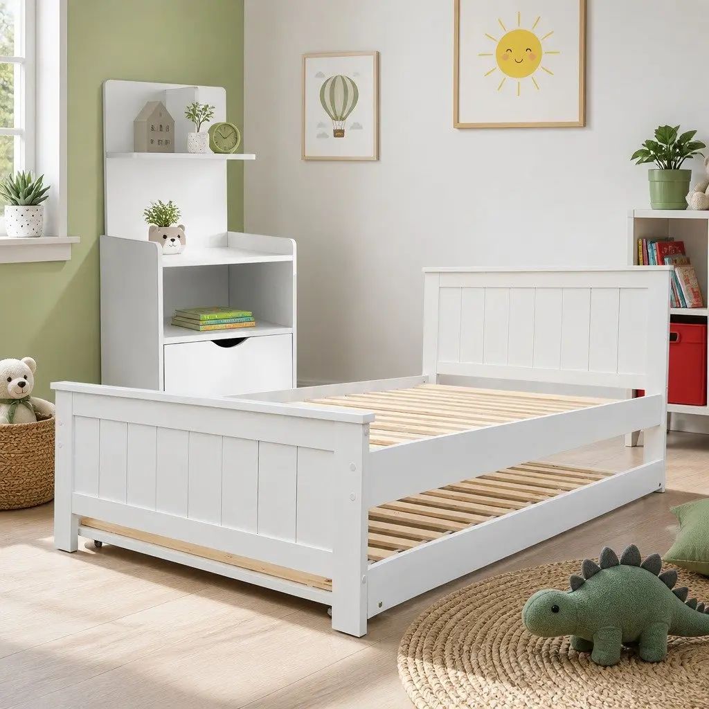 White King Single Bed Frame with Trundle and Nightstand
