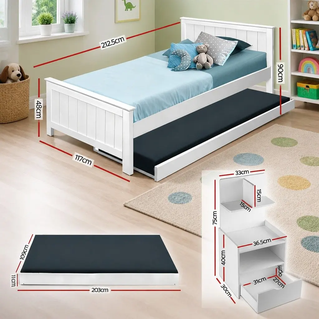 White King Single Bed Frame with Trundle and Nightstand