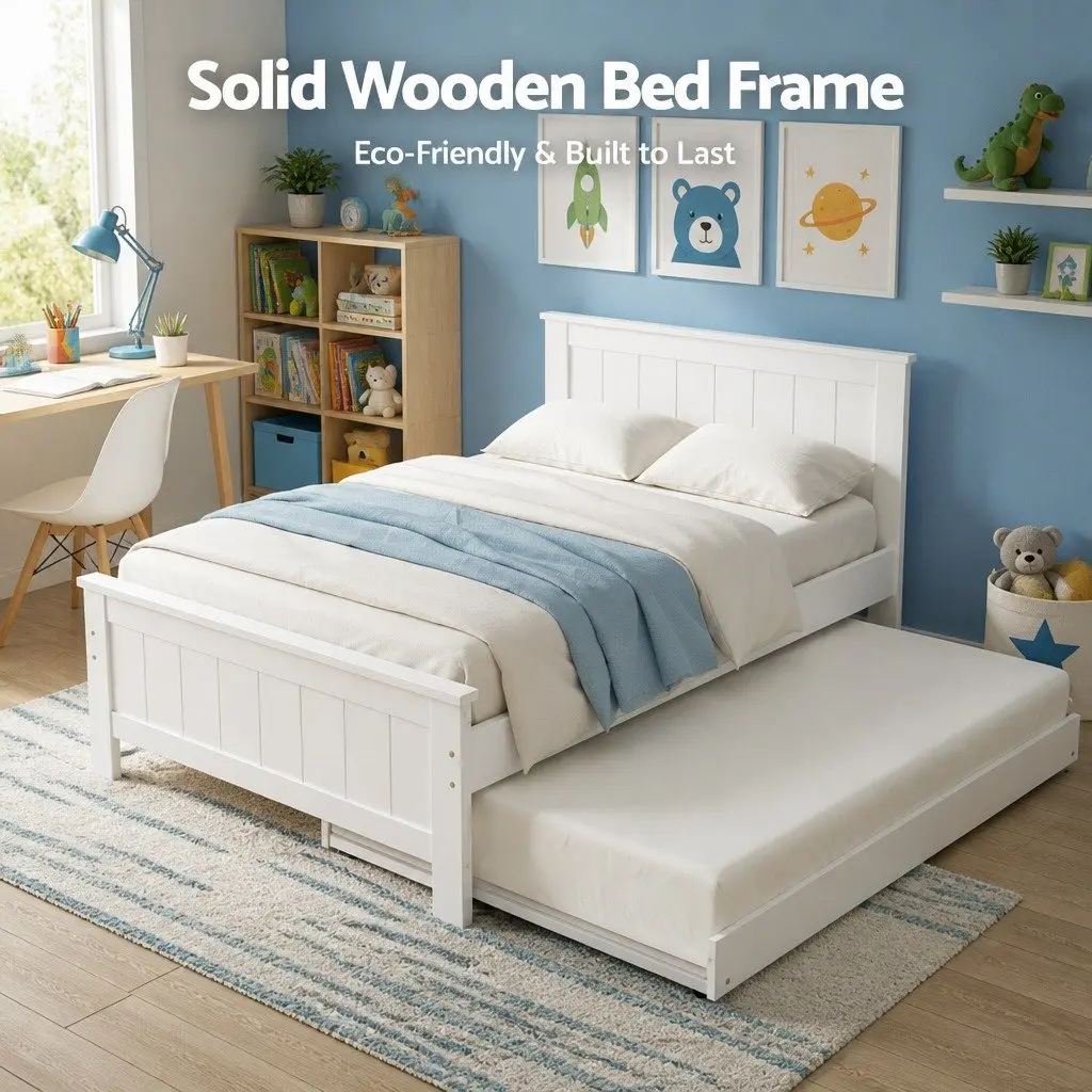 White King Single Bed Frame with Trundle and Nightstand
