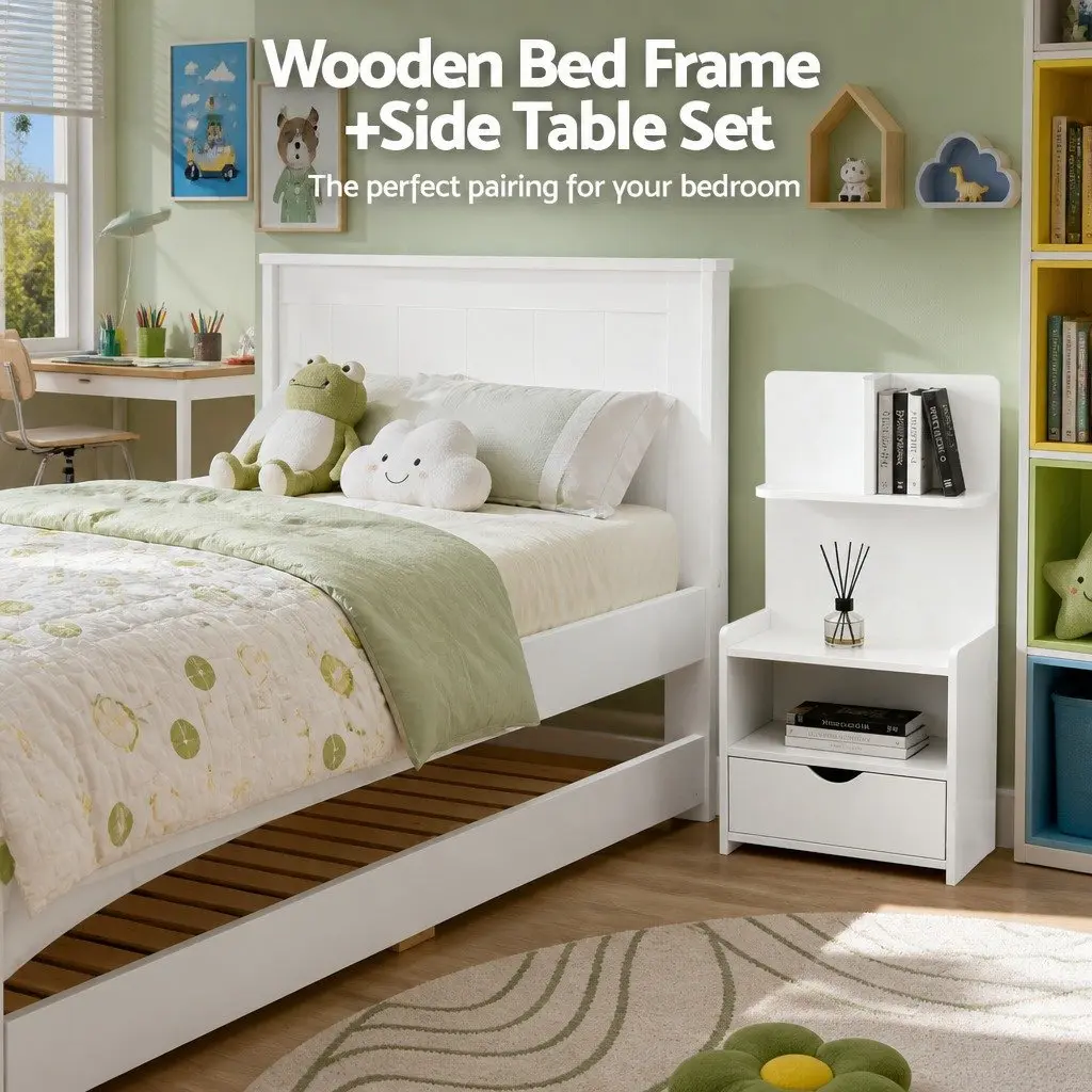 White King Single Bed Frame with Trundle and Nightstand