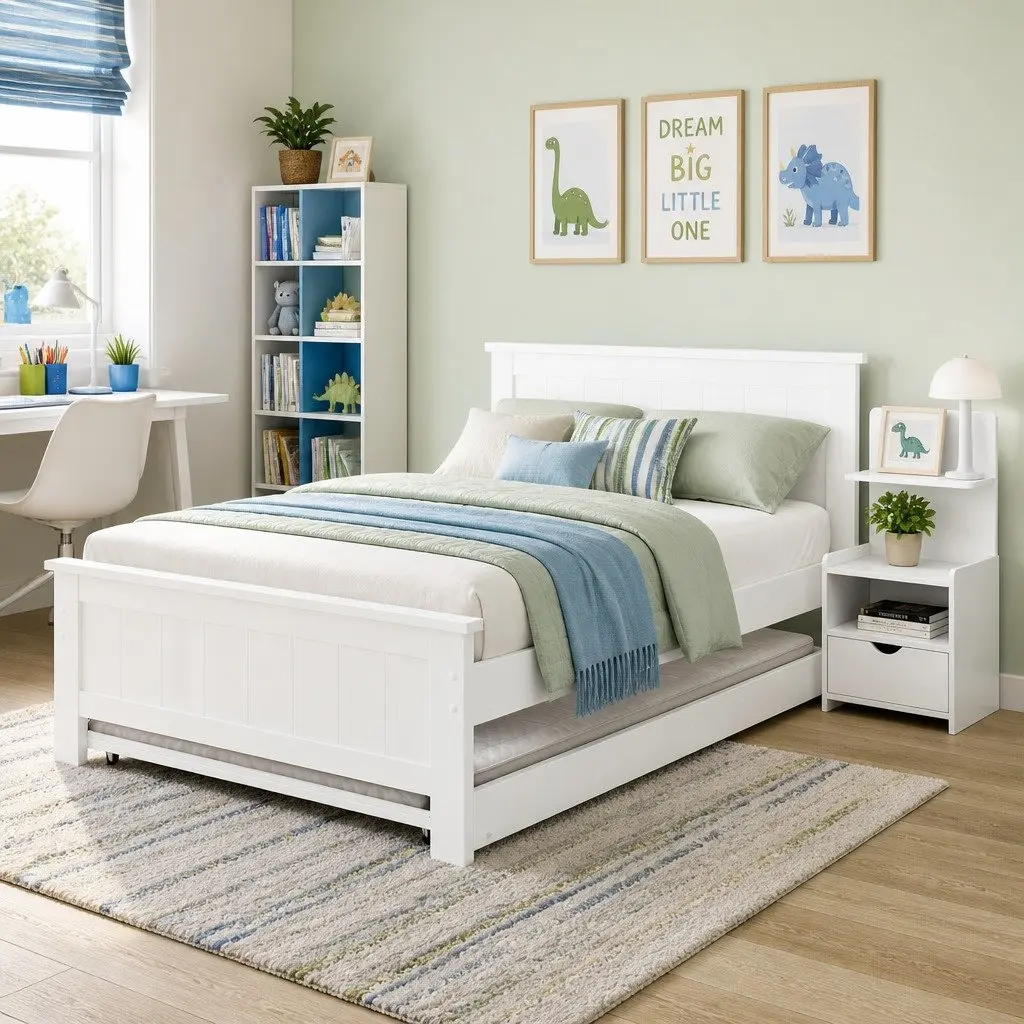 White King Single Bed Frame with Trundle and Nightstand