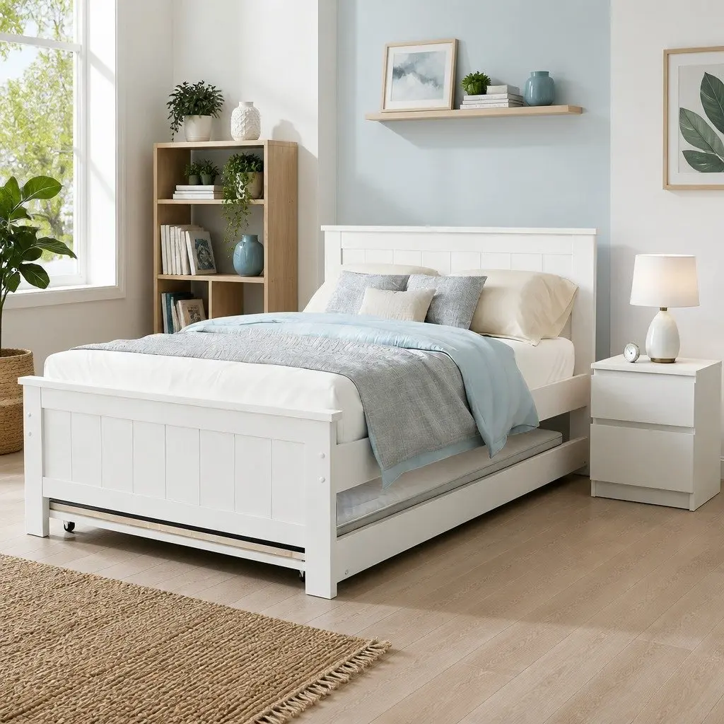 White King Single Bed Frame with Trundle and Storage