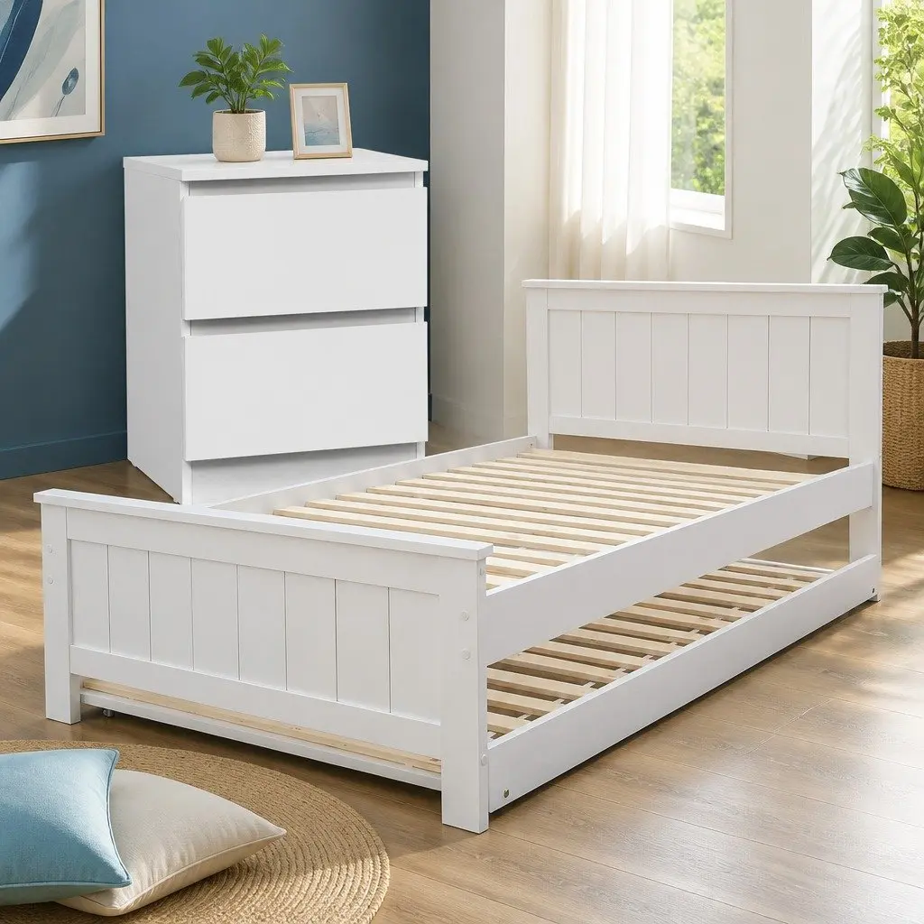 White King Single Bed Frame with Trundle and Storage
