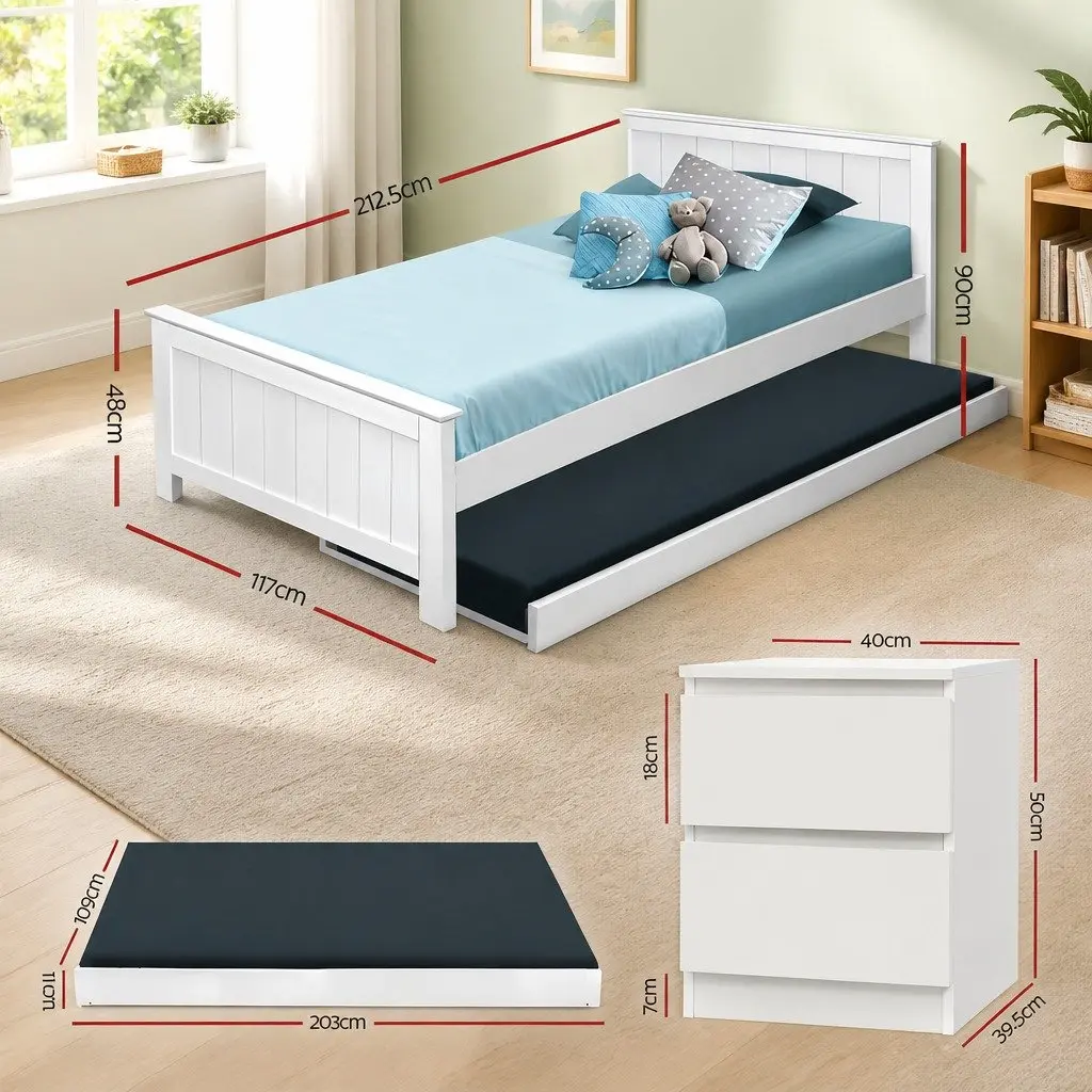 White King Single Bed Frame with Trundle and Storage