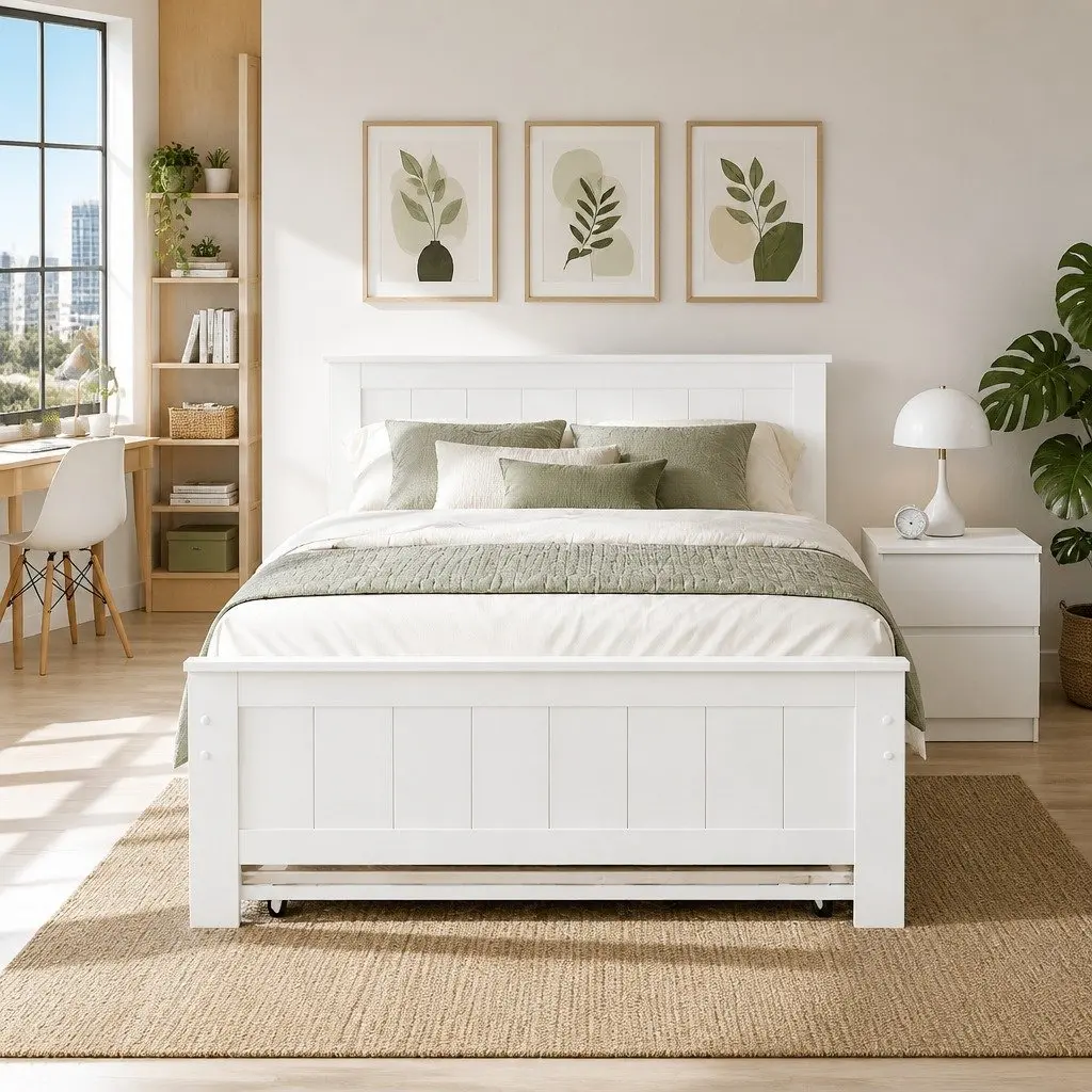White King Single Bed Frame with Trundle and Storage
