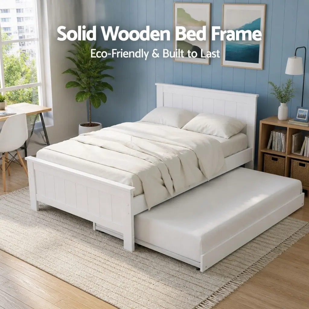 White King Single Bed Frame with Trundle and Storage