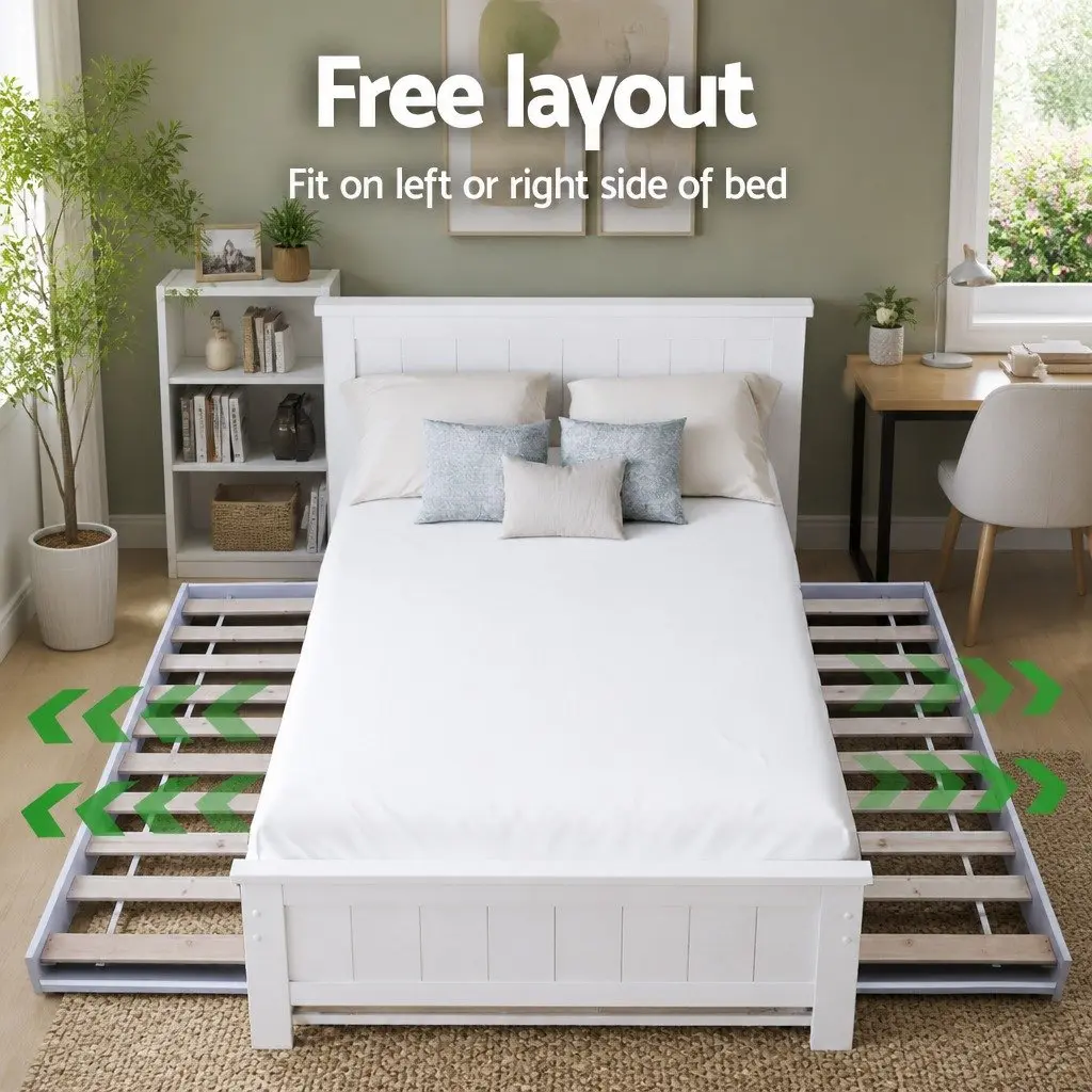 White King Single Bed Frame with Trundle and Storage