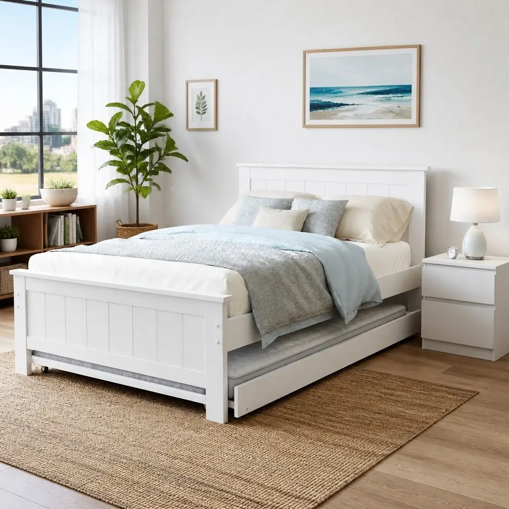 White King Single Bed Frame with Trundle and Storage