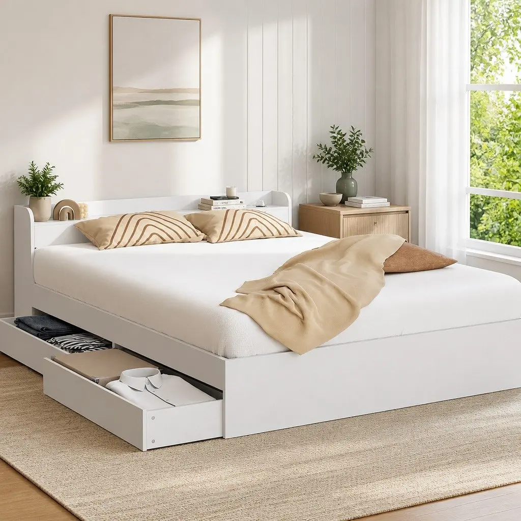 Double Bed Frame White with USB Charging Ports Storage Headboard and 2 Drawers