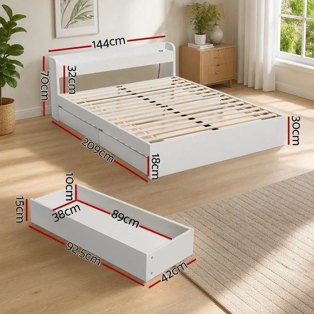 Double Bed Frame White with USB Charging Ports Storage Headboard and 2 Drawers