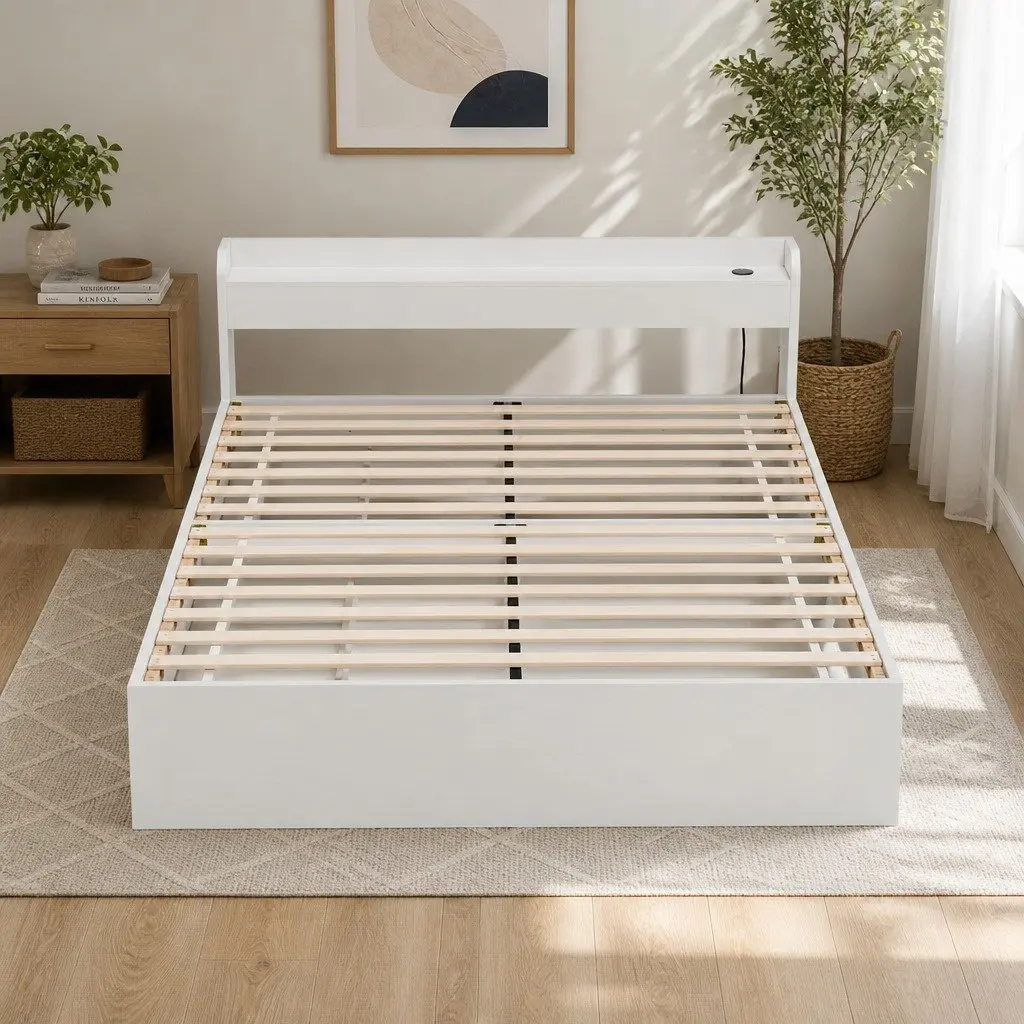 Double Bed Frame White with USB Charging Ports Storage Headboard and 2 Drawers