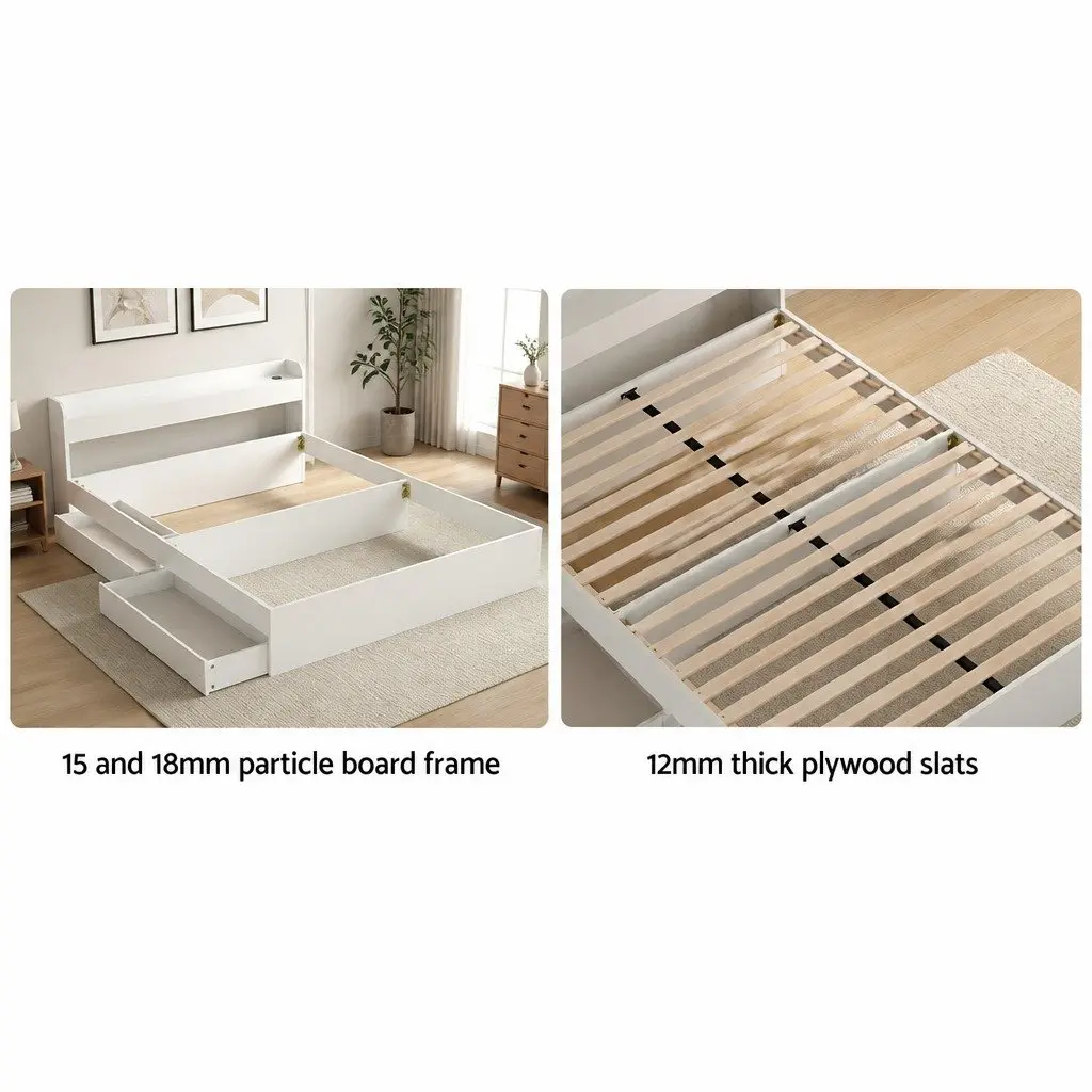 Double Bed Frame White with USB Charging Ports Storage Headboard and 2 Drawers