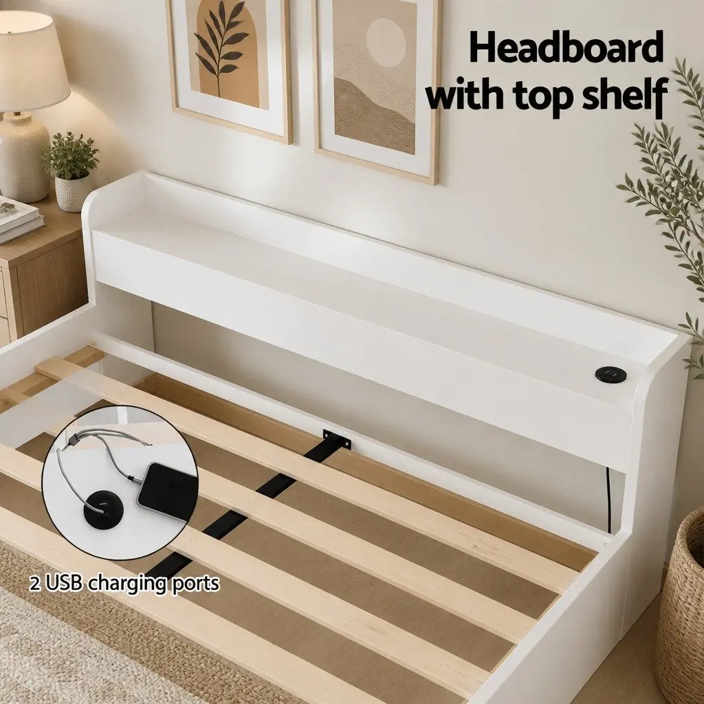 Double Bed Frame White with USB Charging Ports Storage Headboard and 2 Drawers