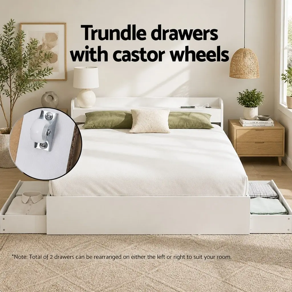 Double Bed Frame White with USB Charging Ports Storage Headboard and 2 Drawers