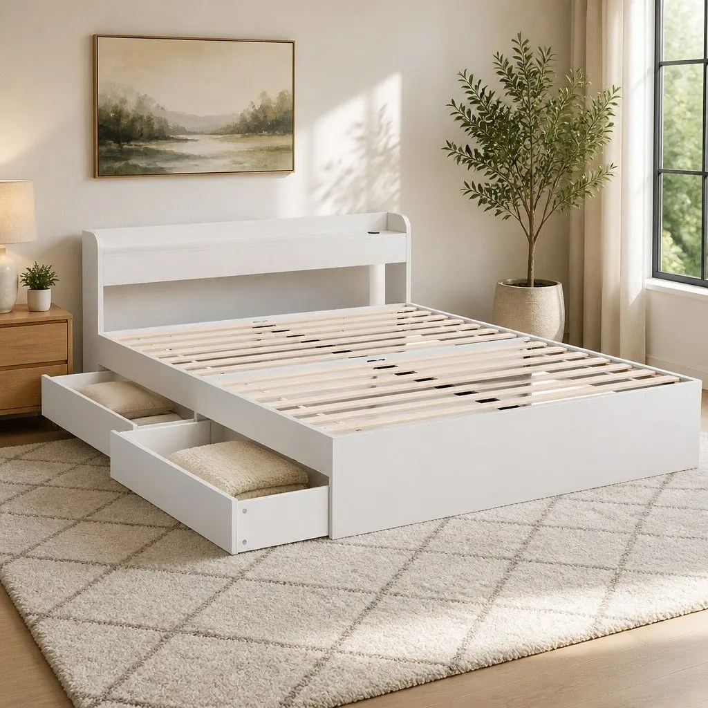 Double Bed Frame White with USB Charging Ports Storage Headboard and 2 Drawers
