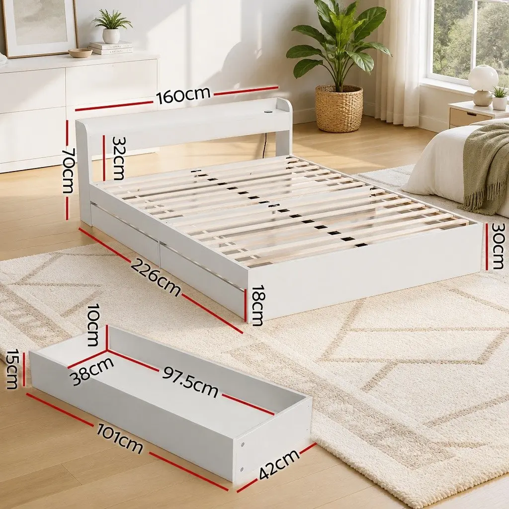 Queen Size Bed Frame White with USB Charging Ports and Storage Drawers Plywood