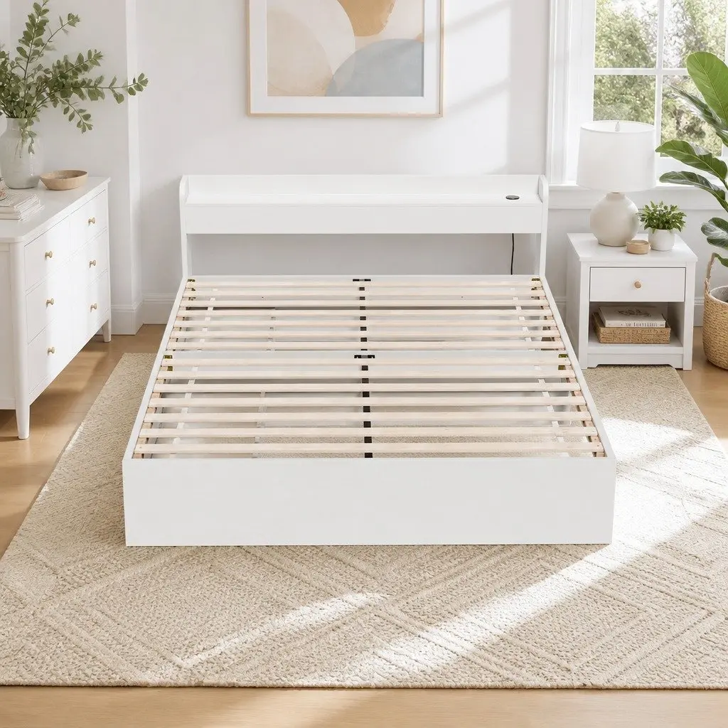 Queen Size Bed Frame White with USB Charging Ports and Storage Drawers Plywood