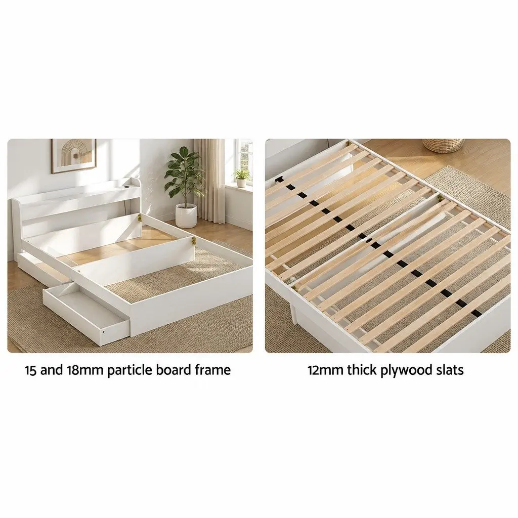 Queen Size Bed Frame White with USB Charging Ports and Storage Drawers Plywood