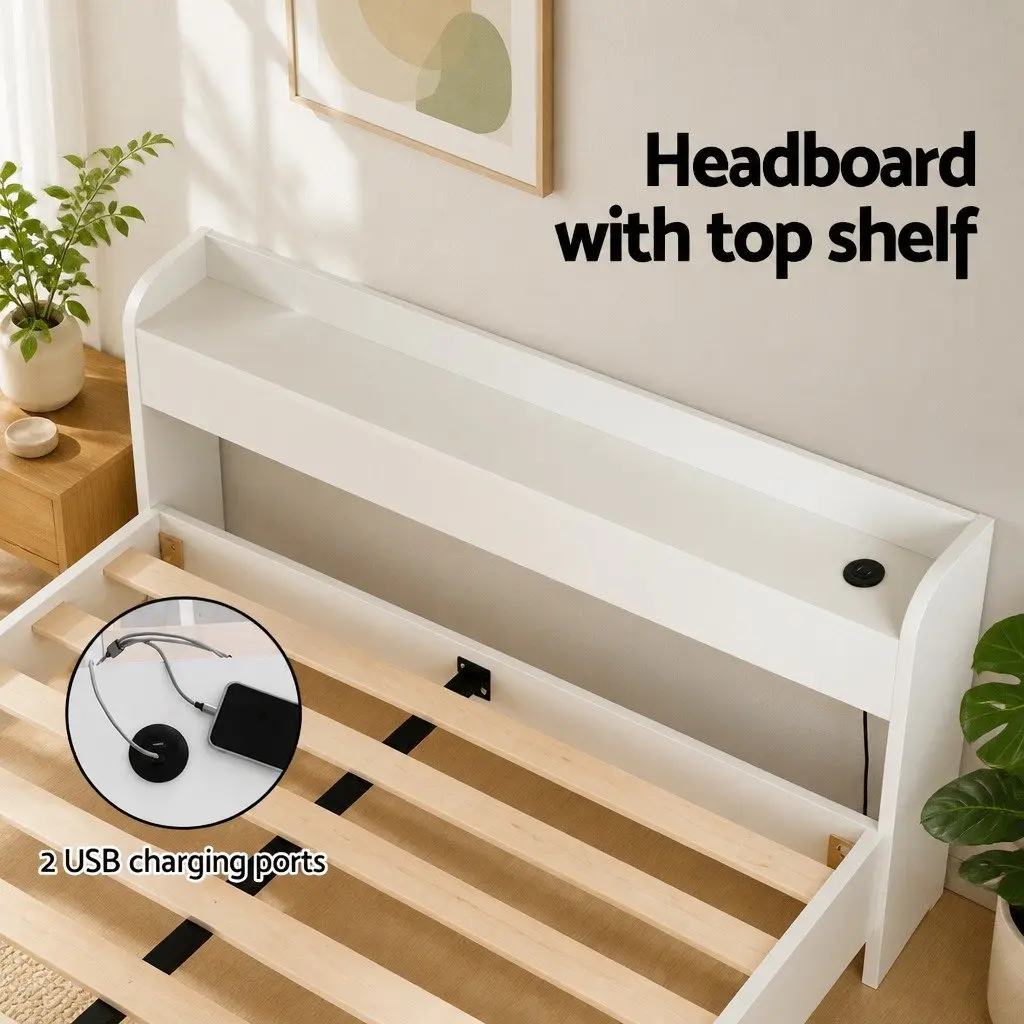 Queen Size Bed Frame White with USB Charging Ports and Storage Drawers Plywood