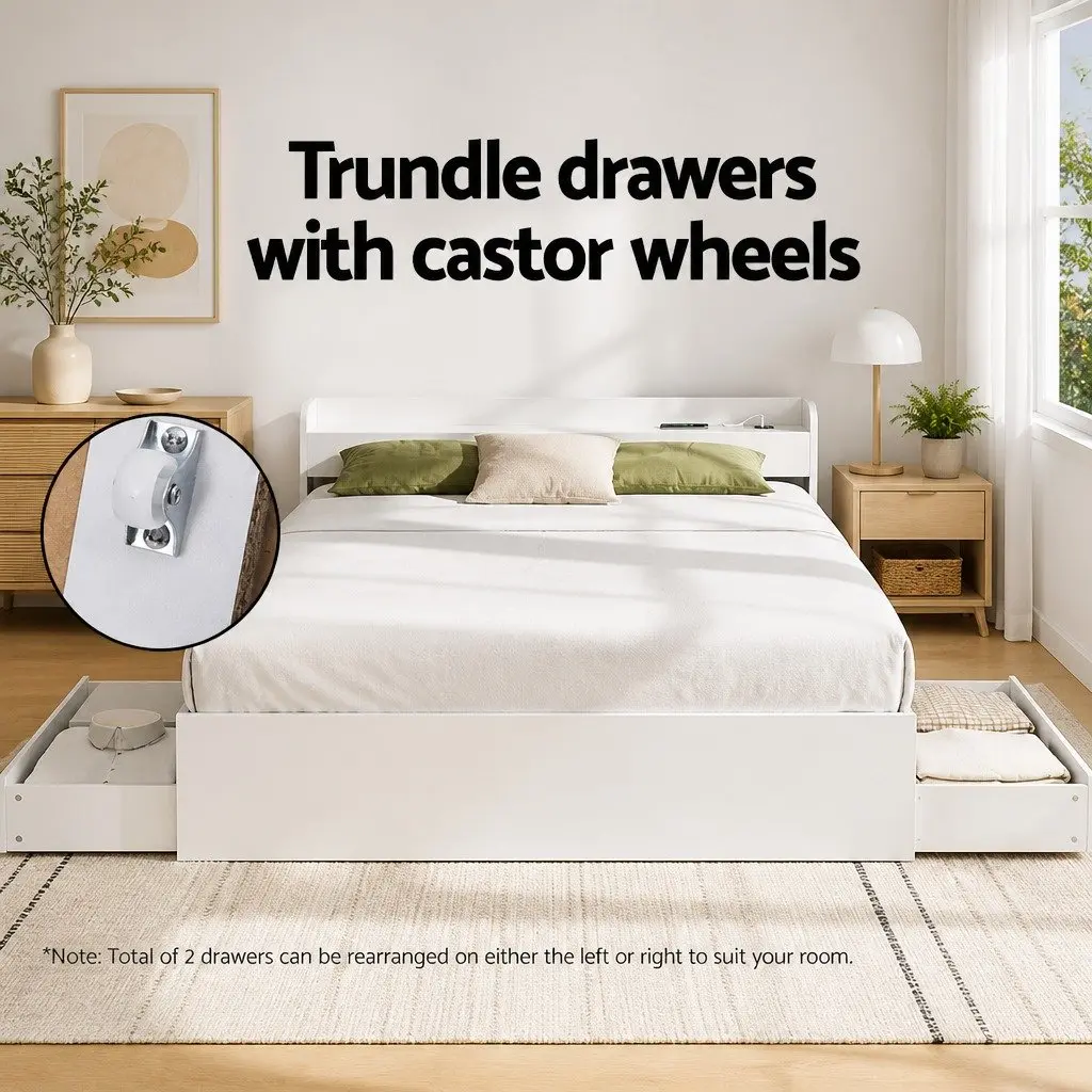 Queen Size Bed Frame White with USB Charging Ports and Storage Drawers Plywood
