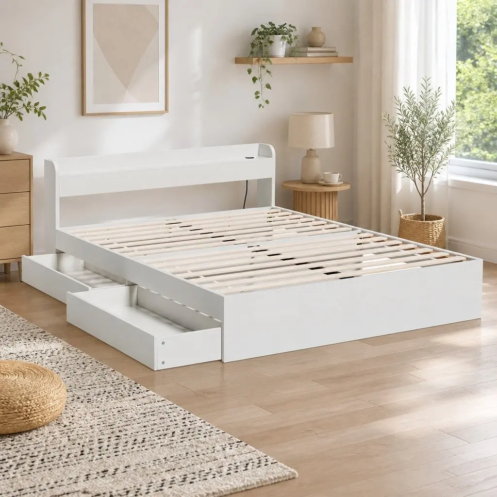 Queen Size Bed Frame White with USB Charging Ports and Storage Drawers Plywood