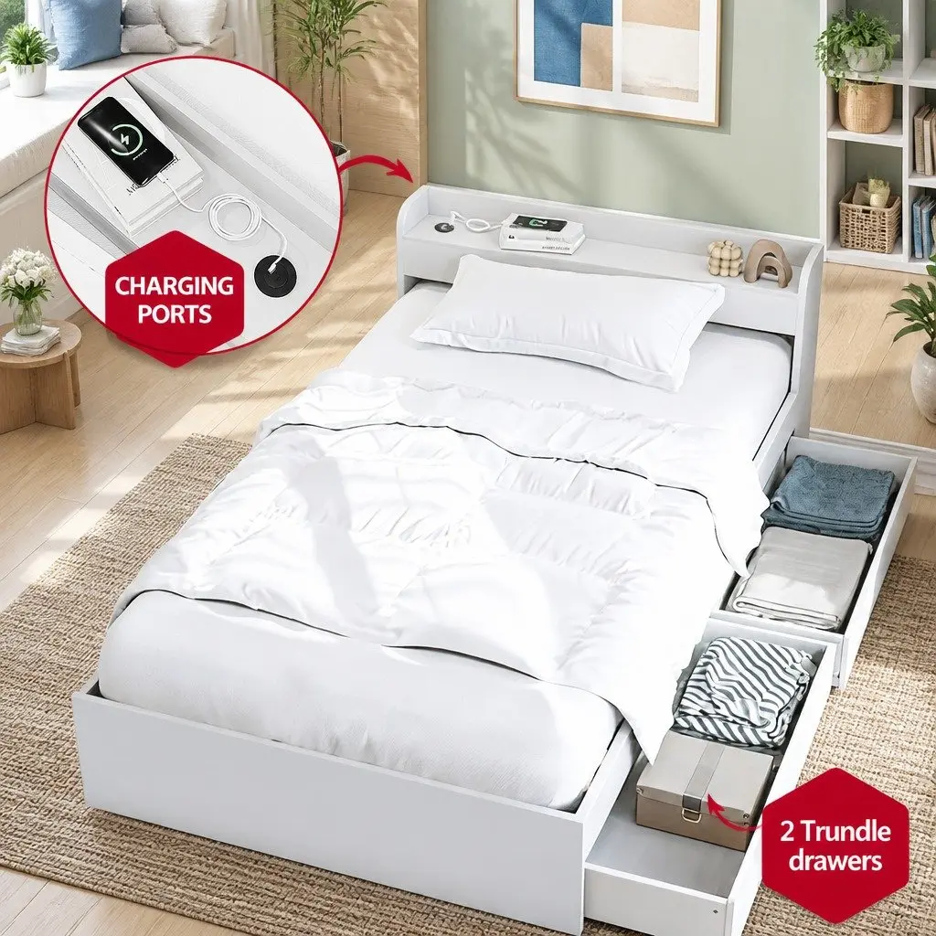 Bed Frame with USB Ports and Nightstand