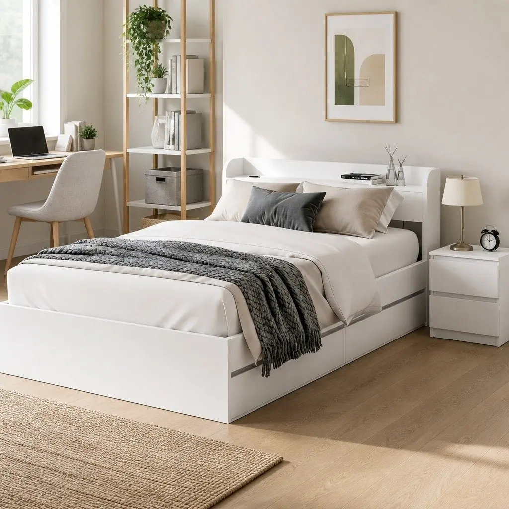 White Wooden Single Bed Frame with Bedside Table Storage