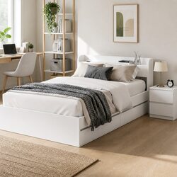 White Wooden Single Bed Frame with Bedside Table Storage