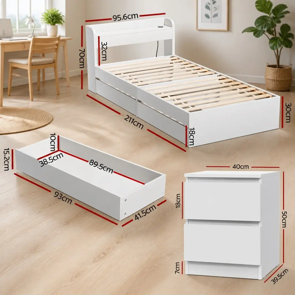 White Wooden Single Bed Frame with Bedside Table Storage