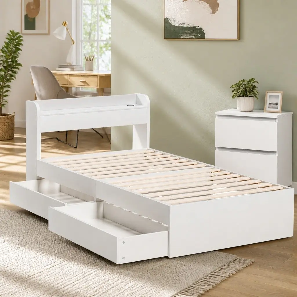 White Wooden Single Bed Frame with Bedside Table Storage