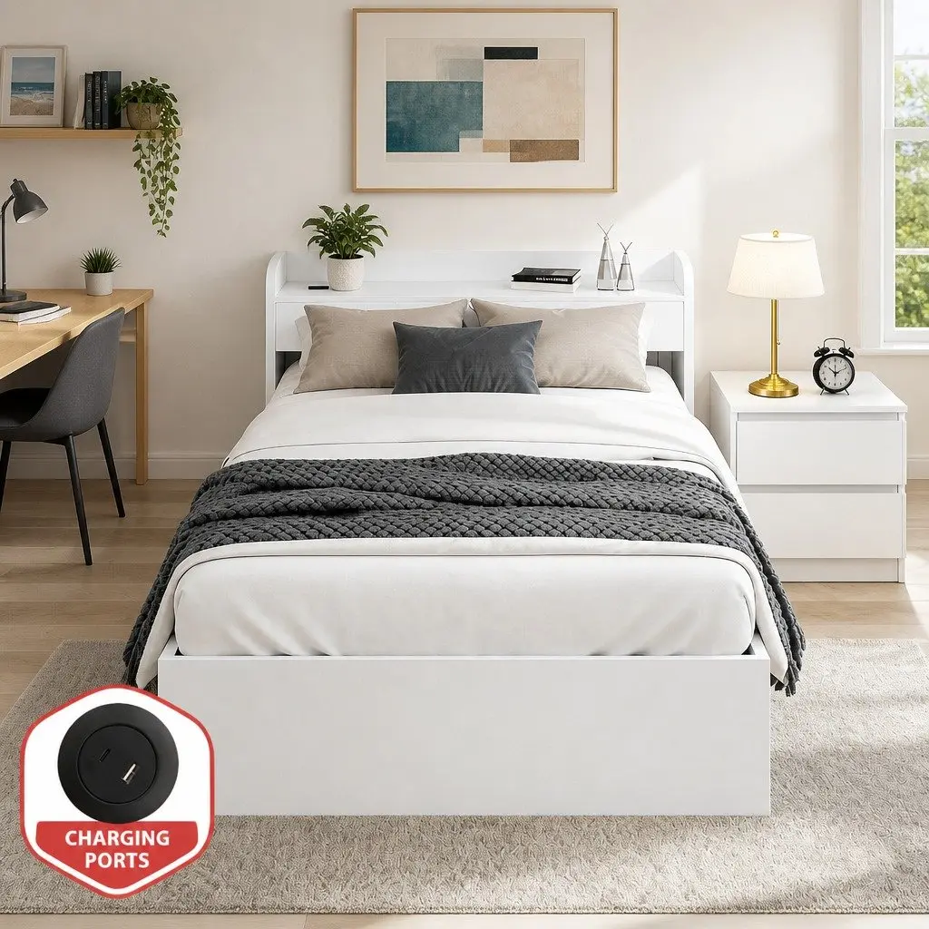 White Wooden Single Bed Frame with Bedside Table Storage