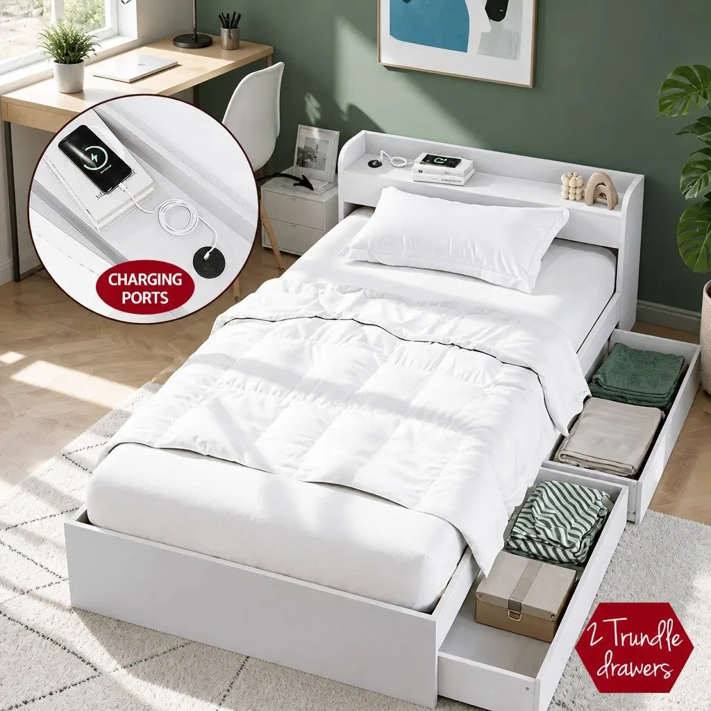 White Wooden Single Bed Frame with Bedside Table Storage