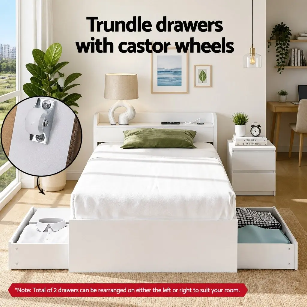 White Wooden Single Bed Frame with Bedside Table Storage