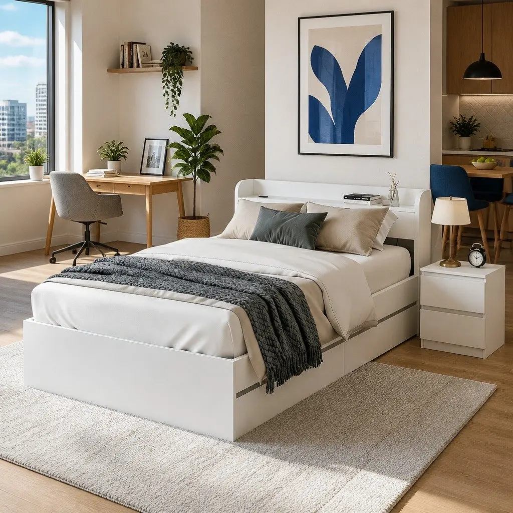 White Wooden Single Bed Frame with Bedside Table Storage