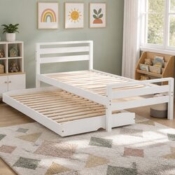 Wooden Single Bed Frame with Trundle in White