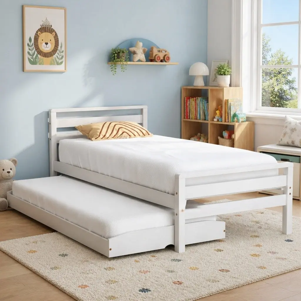 Wooden Single Bed Frame with Trundle in White