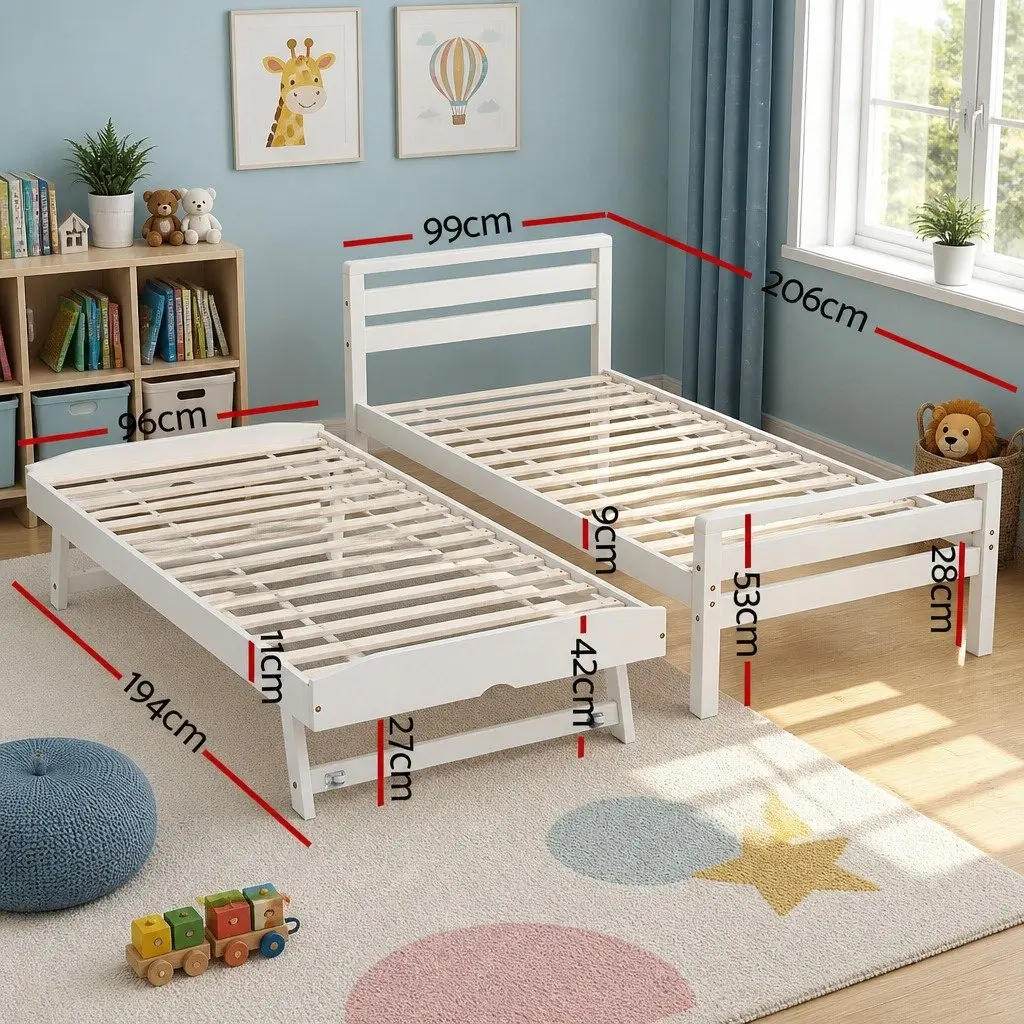 Wooden Single Bed Frame with Trundle in White