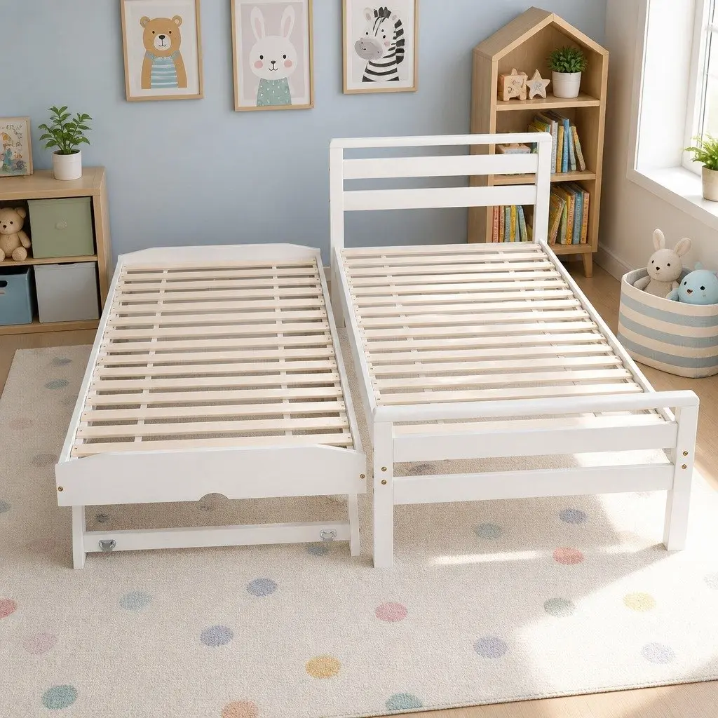 Wooden Single Bed Frame with Trundle in White