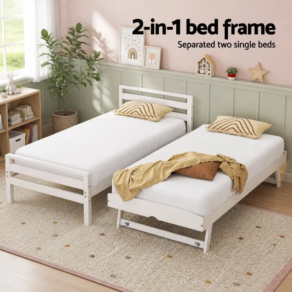 Wooden Single Bed Frame with Trundle in White