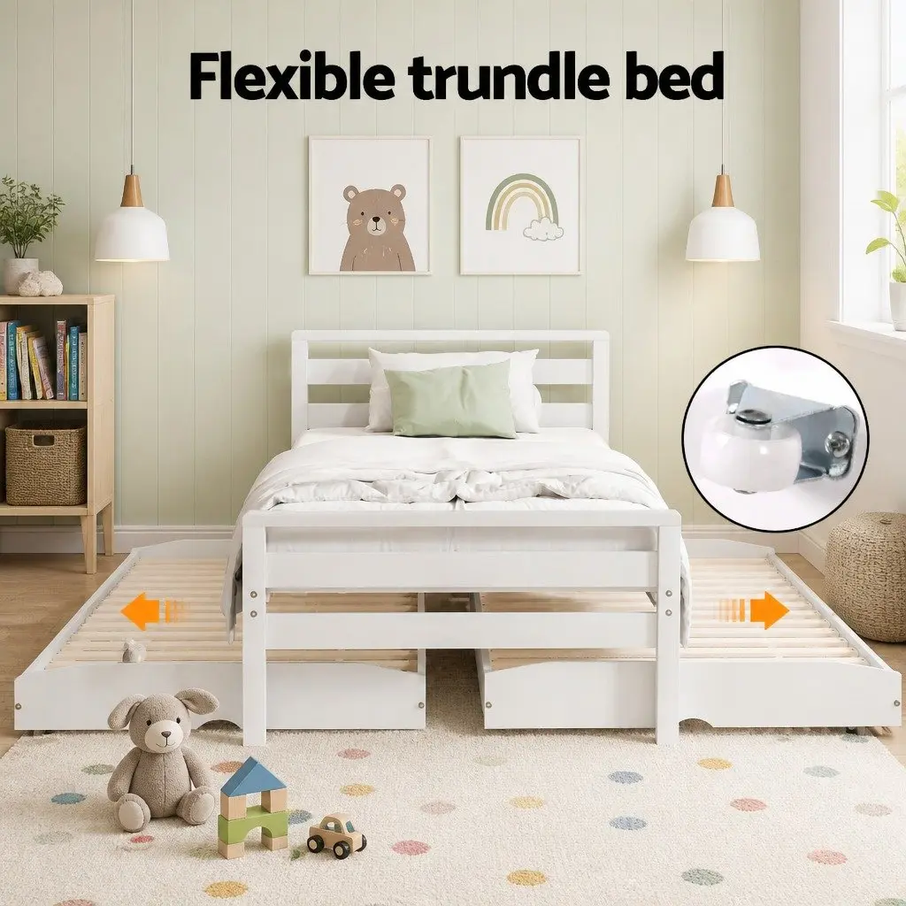 Wooden Single Bed Frame with Trundle in White