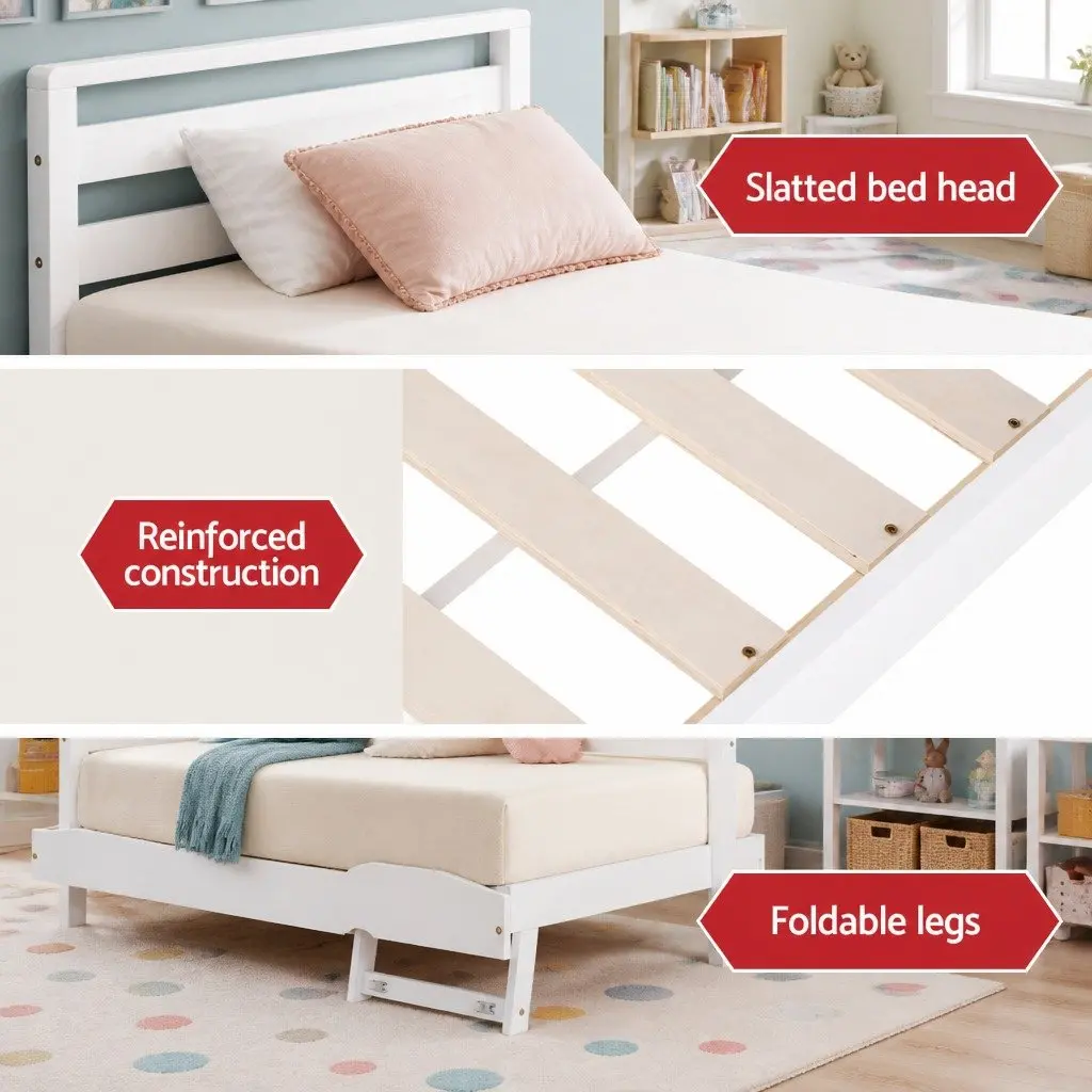Wooden Single Bed Frame with Trundle in White