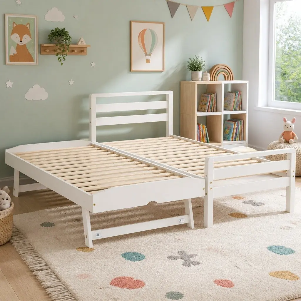 Wooden Single Bed Frame with Trundle in White