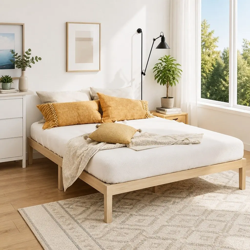 Wooden Double Bed Frame with Slatted Base for Comfort