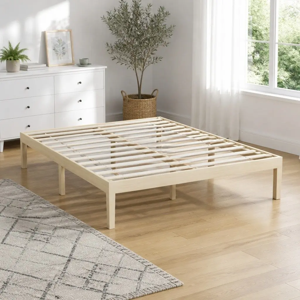 Wooden Double Bed Frame with Slatted Base for Comfort